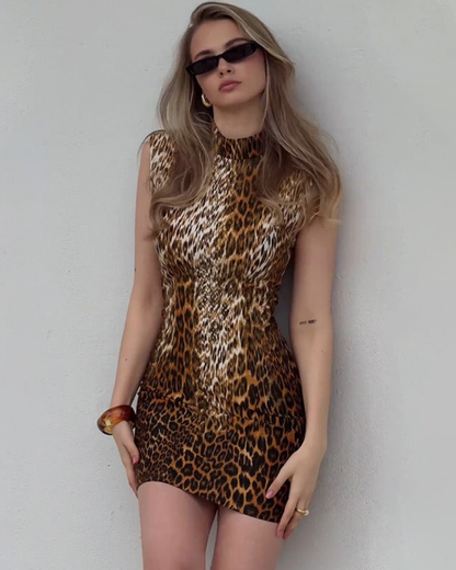 Women's Leopard Animal Print Sleeveless Back Zipper Bodycon Mini Dress
