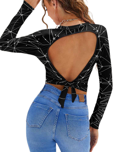 Women's Black Geometric Print Backless Long Sleeve Short Top