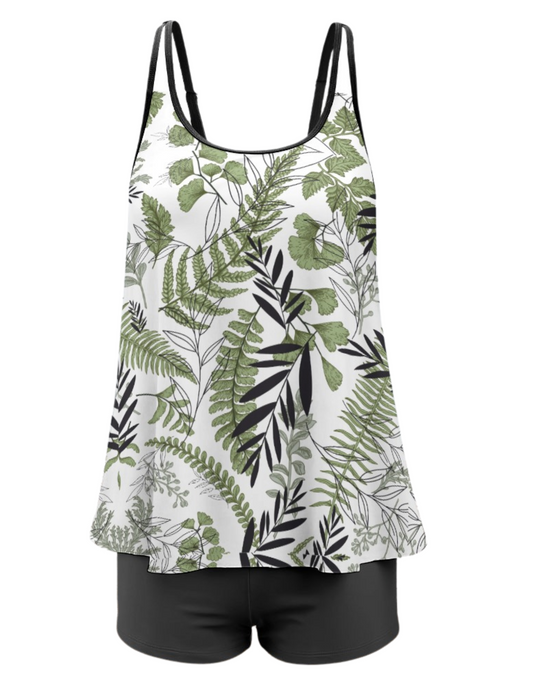 TABOO TIDE Plus Size Women's Fern Leaf Print Long Top And Shorts Two Piece Swimwear