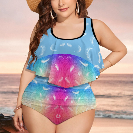 Plus Size Women's Feather Print 2pcs Swimsuit Bikini Set Top and High Waisted Bottoms Swim Summer Beach Fashion Multicolour