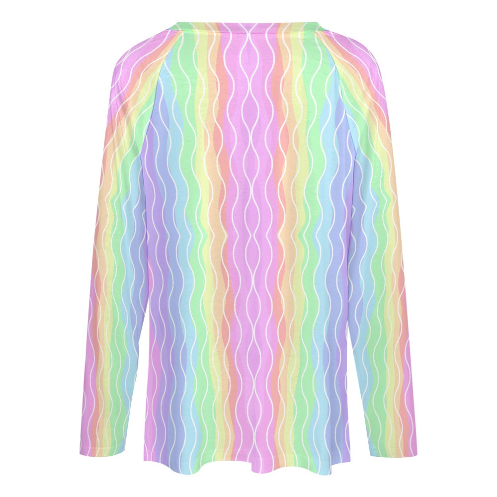 Women's Pastel Rainbow Print V-Neck Long Sleeve Loose T-shirt