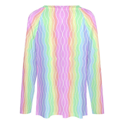 Women's Pastel Rainbow Print V-Neck Long Sleeve Loose T-shirt