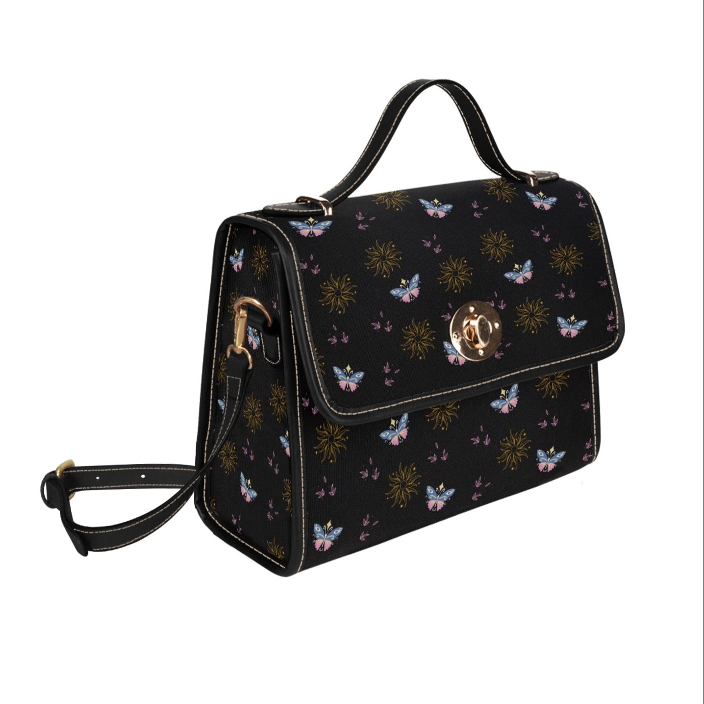 Women's Butterfly Sun Print Black Handbag With Shoulder Strap