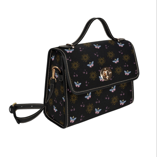 Women's Butterfly Sun Print Black Handbag With Shoulder Strap