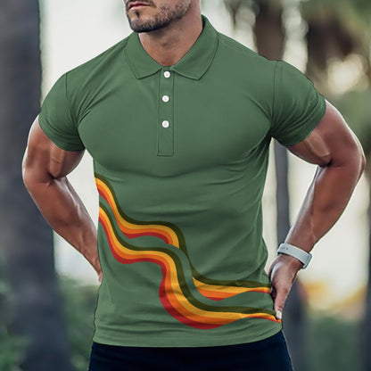 Men's Retro Print Polo Shirt Plus Size Button Collar Short Sleeve T-shirt