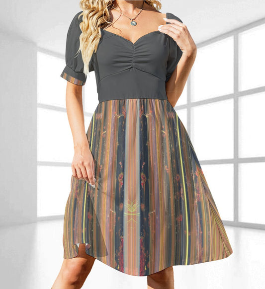 Women's Stripe Print Sweetheart Neck Fitted Midi Dress