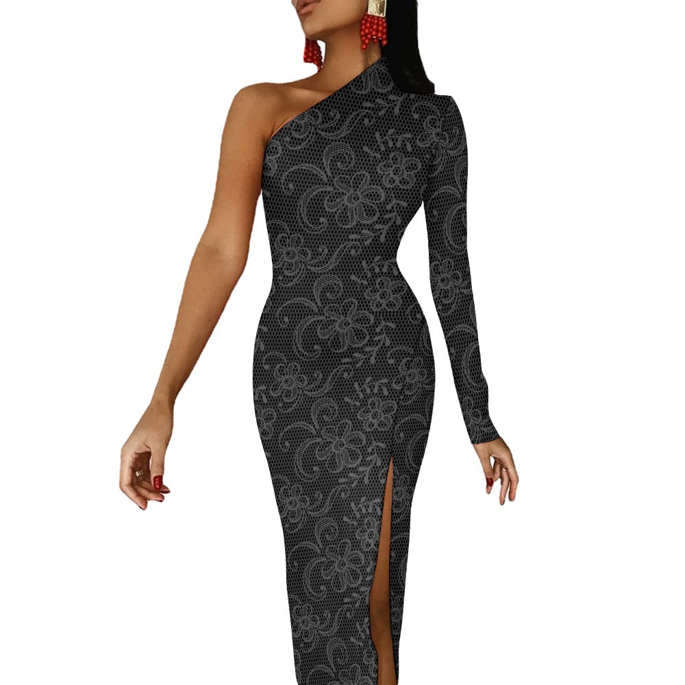 Women's Black Lace Print One Shoulder Half Sleeveless Slit Leg Long Dress