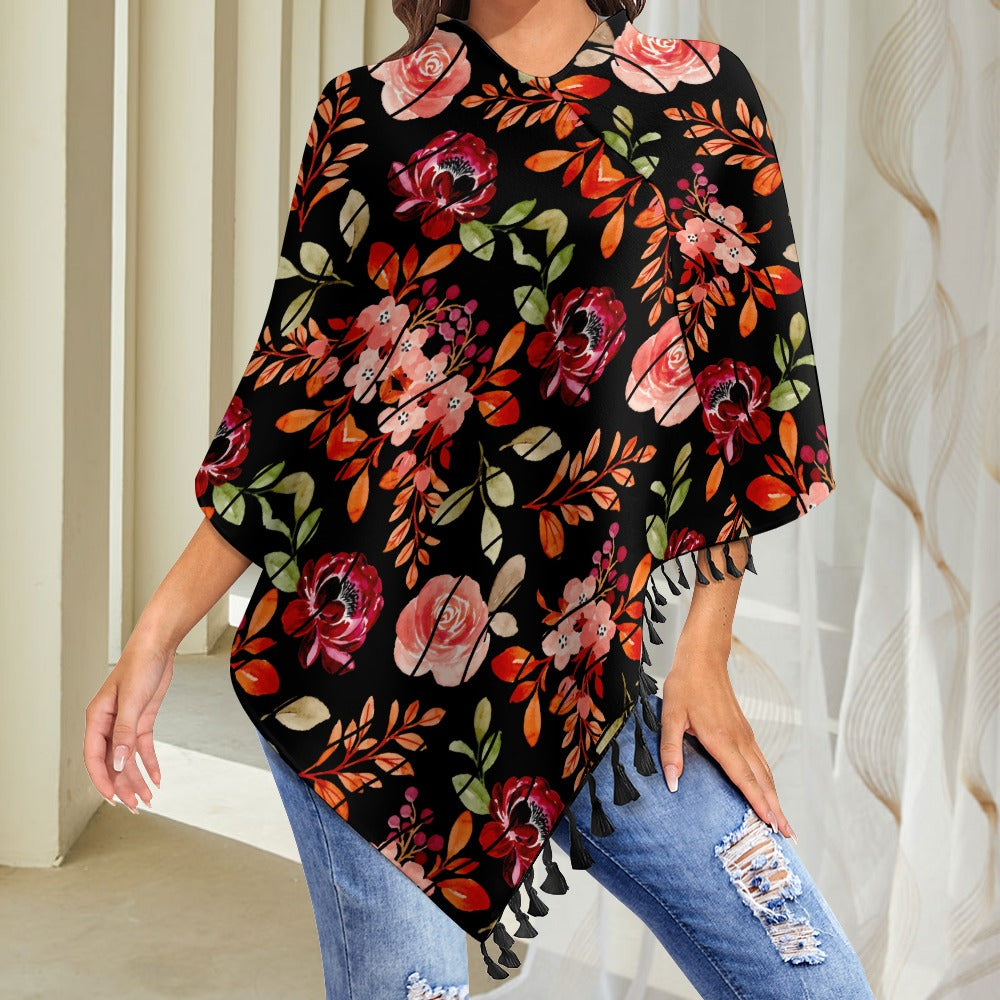 Women's Black Floral All-Over Print Shawl Poncho Fringed Edge Cape