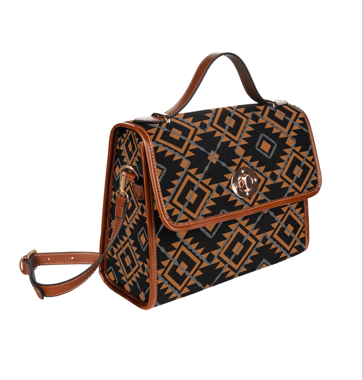 Women's Brown Geometric Print Canvas Handbag With Shoulder Strap