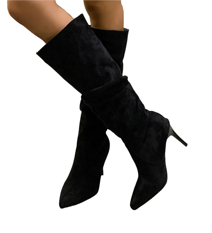 Women's Faux Suede Ruched Pull On Knee High Boots