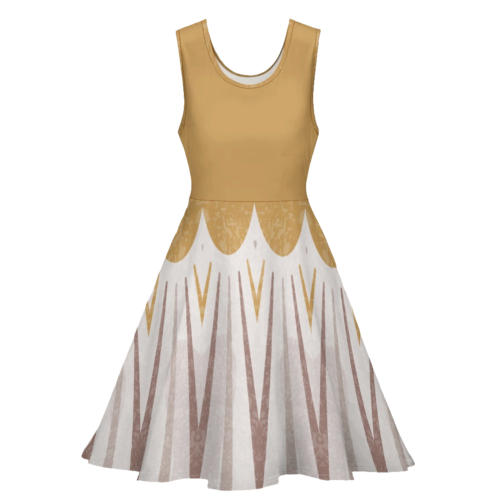 Women's Gold Bronze Stripe Print Round Scoop Neck Sleeveless Skater Dress