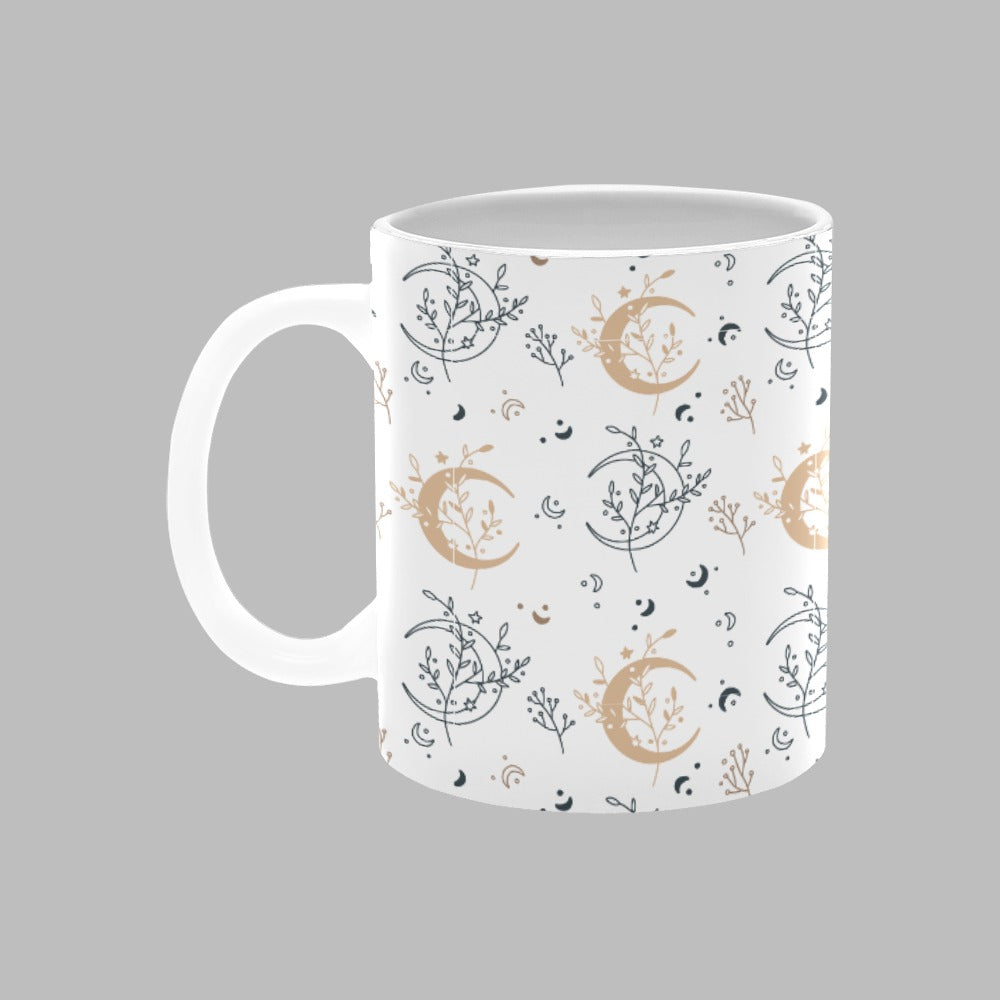 Moon Floral Leaves Print Wrap Drinkware White 11oz Ceramic Cup Mug