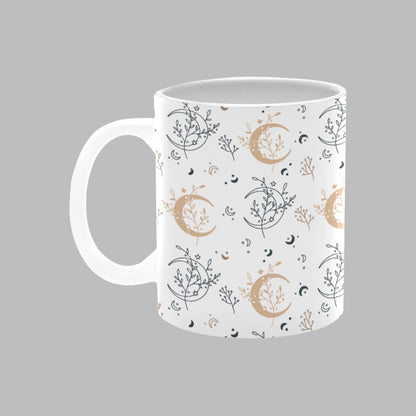 Moon Floral Leaves Print Wrap Drinkware White 11oz Ceramic Cup Mug