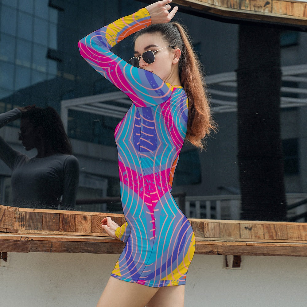 Women's Abstract Stripe Circle All Over Print Short Mini Bodycon Long Sleeve Skinny Fashion Summer Dress - 4 colours available