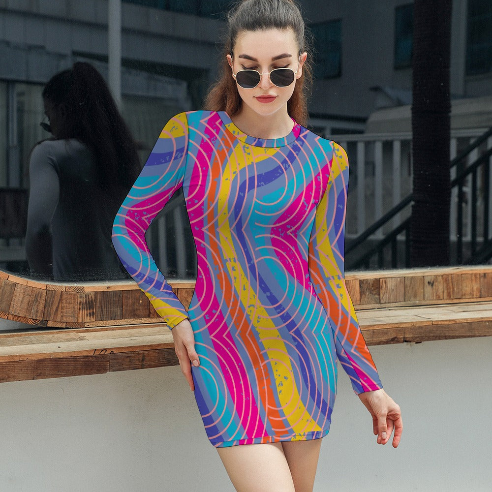 Women's Abstract Stripe Circle All Over Print Short Mini Bodycon Long Sleeve Skinny Fashion Summer Dress - 4 colours available