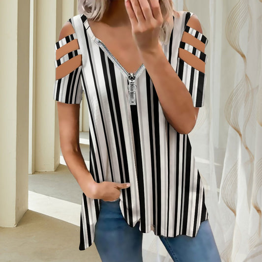 Women's Monochrome Striped Front Zip Cut Out Off Shoulder Blouse Top T-shirt Casual Fashion Black White