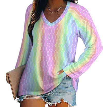 Women's Pastel Rainbow Print V-Neck Long Sleeve Loose T-shirt