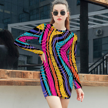 Women's Abstract Stripe Circle All Over Print Short Mini Bodycon Long Sleeve Skinny Fashion Summer Dress - 4 colours available