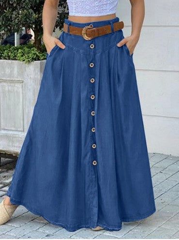 Women's High Waist Button Front with Pockets Maxi Skirt