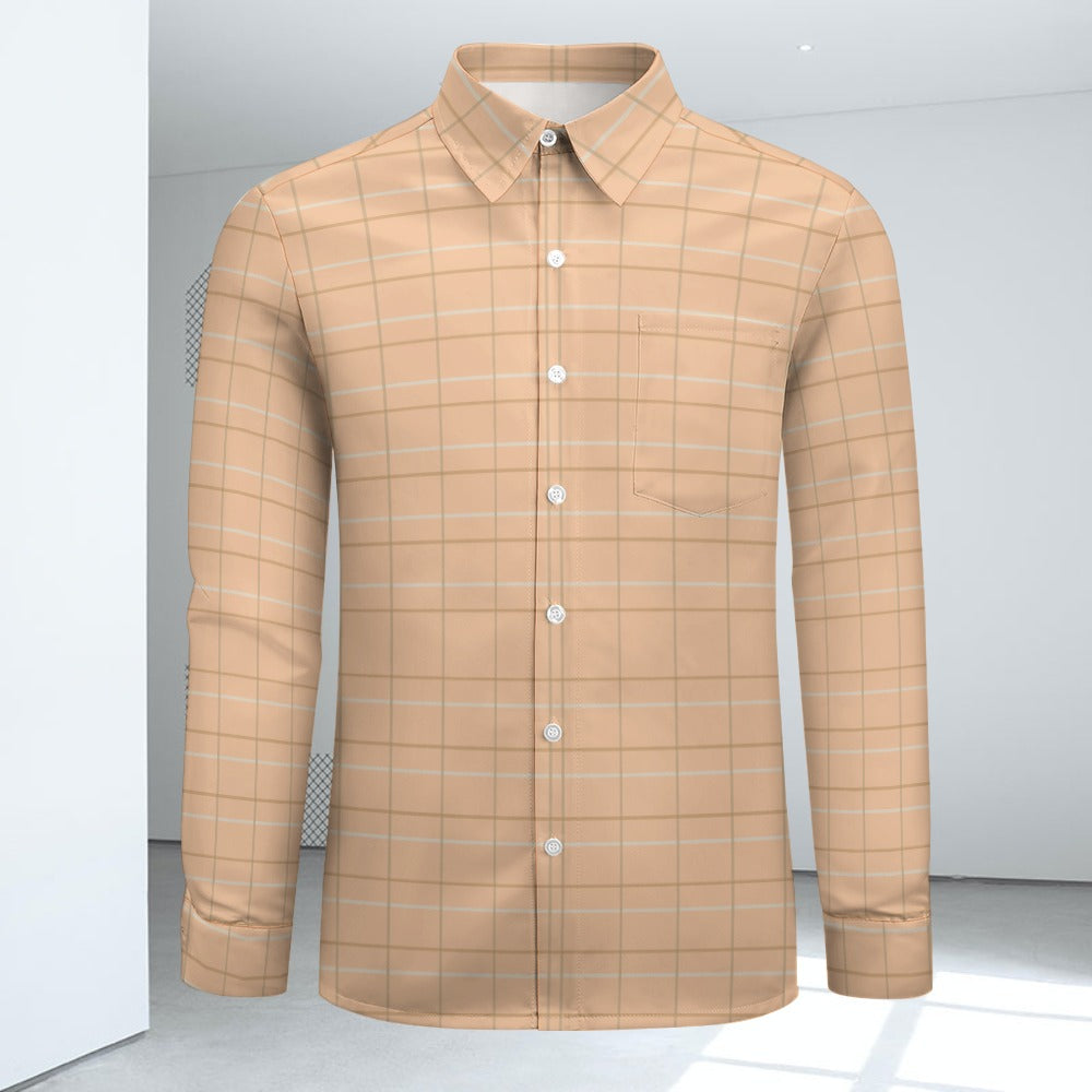 Men's Square Check Print Shirt Long Sleeves Button Front Collar One Pocket Shirt