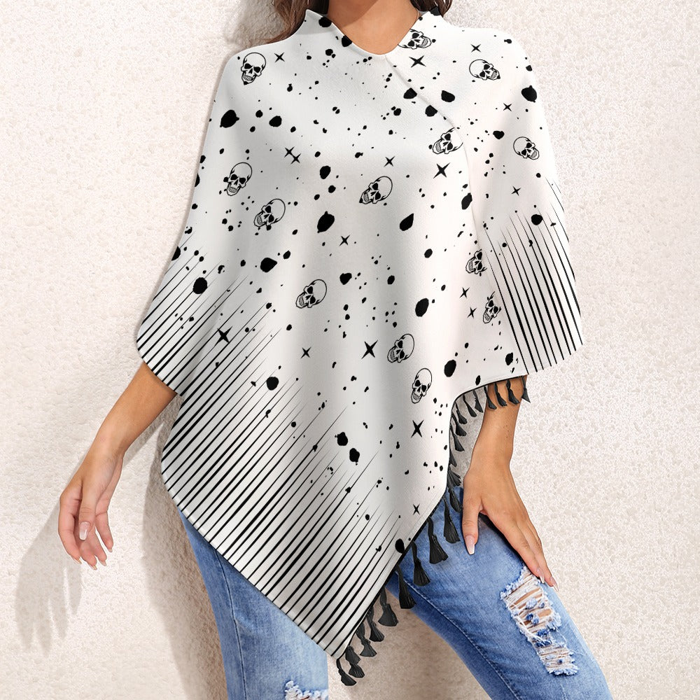 Women's Skull Print Cape With Fringed Edge One Size Pullover Outwear Fashion Halloween Season Must Have!