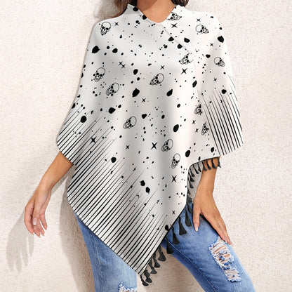 Women's Skull Print Cape With Fringed Edge One Size Pullover Outwear Fashion Halloween Season Must Have!