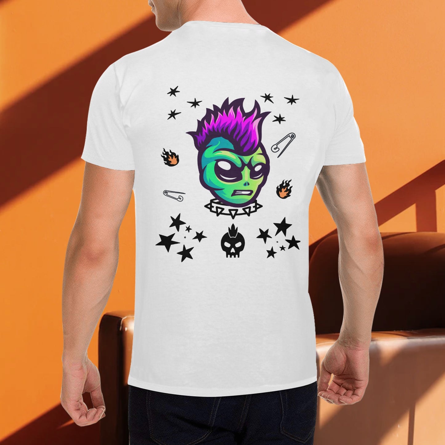 Men's Alien Punk Safety Pin Print Cotton T-shirt Front and Back Design