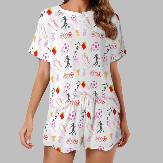 Women's Football Print Two Piece Shorts and T-shirt Pyjamas Set