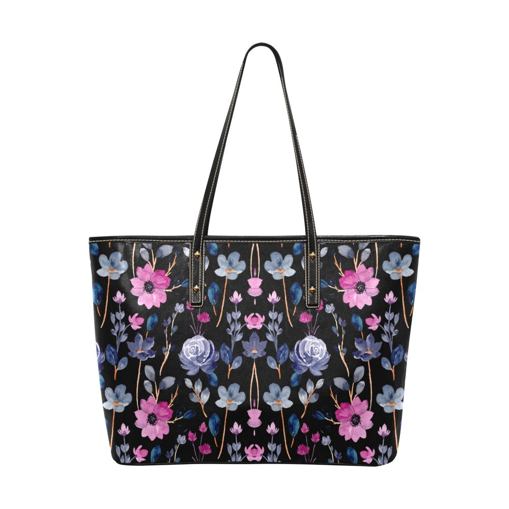 Women's Black Pink Floral Print PU Leather Large Tote Bag