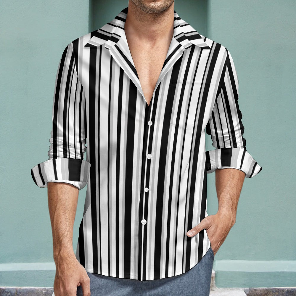 Men's Monochrome Stripe Print Shirt Long Sleeves Button Front Collar One Pocket Casual Dress Smart Shirt All Sizes