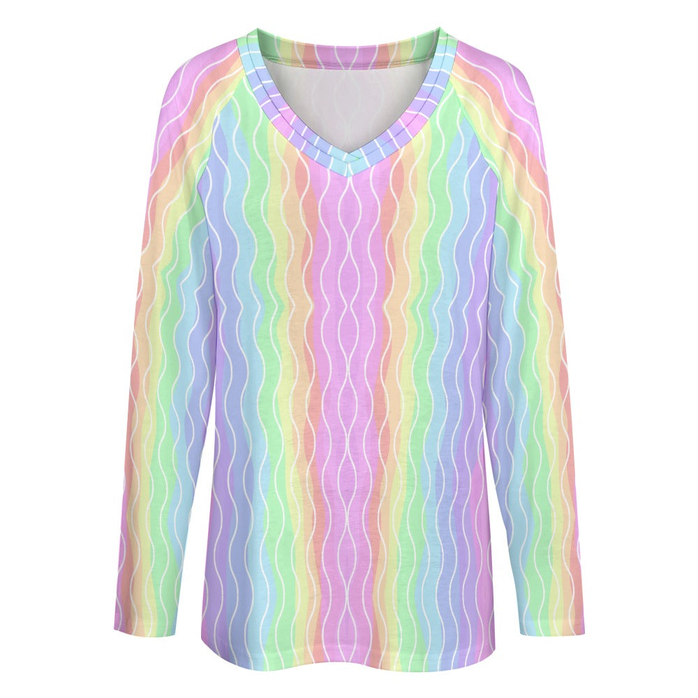 Women's Pastel Rainbow Print V-Neck Long Sleeve Loose T-shirt