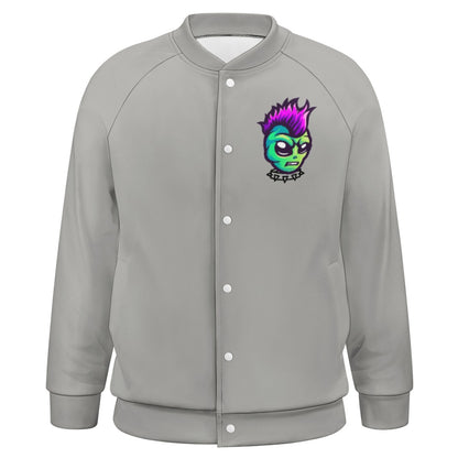 TABOO TIDE Men's Alien Punk Print Jersey Baseball Style Jacket Sweater Front and Back Design Cuff Hem Long Sleeve Button Front Side Pockets - All Sizes XXS to 6XL