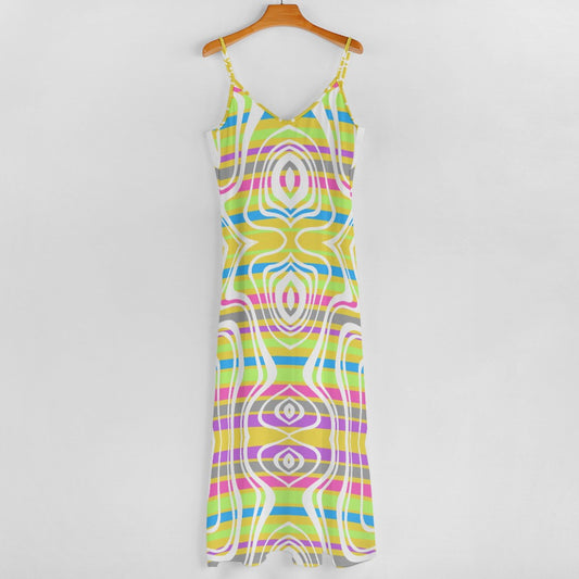 Women's Retro Stripe All Over Print Full Length Long Ankle Spaghetti Strap Casual Fashion Dress