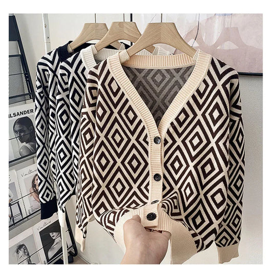 Women's Geometric Print Cardigan Knitted Long Sleeve Button Front