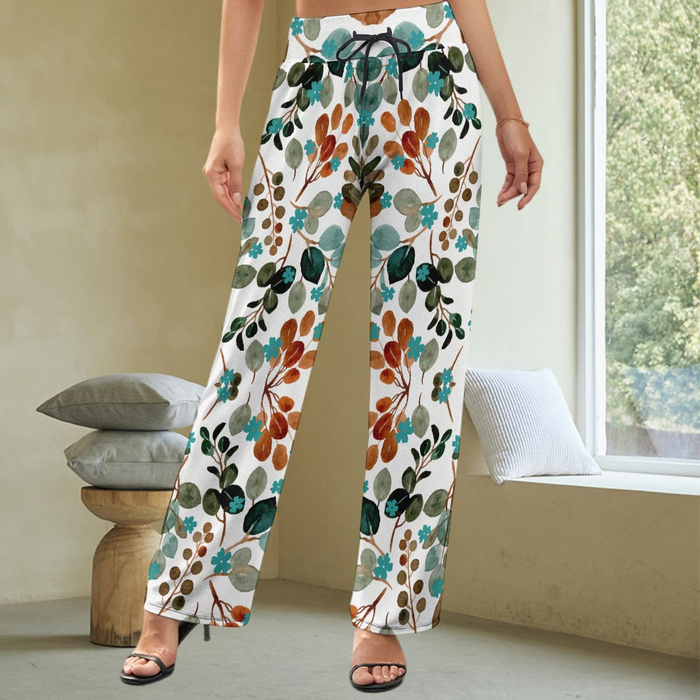 Women's Floral All Over Print Wide Leg Pants High Waist Trousers Drawstring Ladies Bottoms Casual Daily Wear