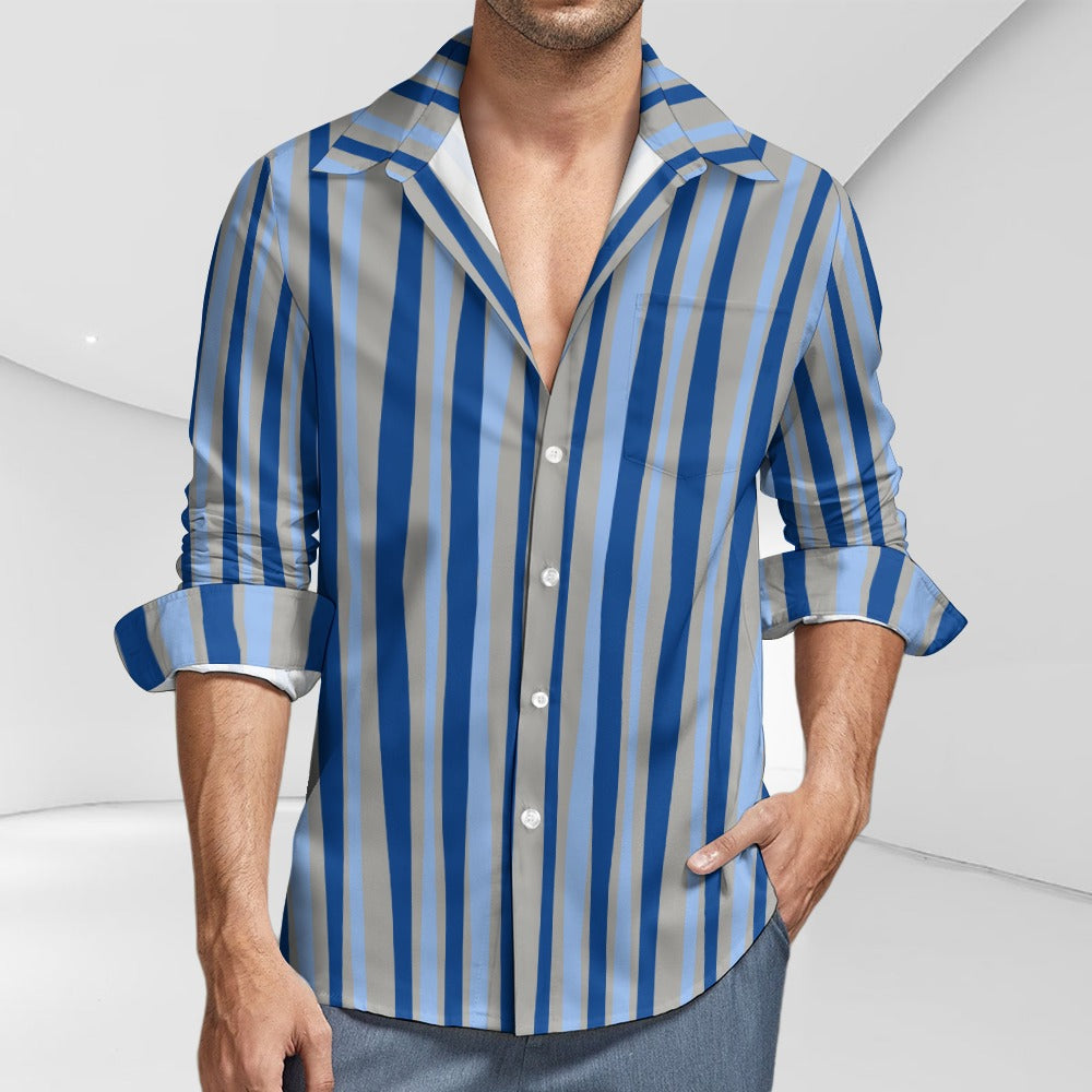 TABOO TIDE Men's Blue Vertical Stripe Print Shirt Long Sleeves Button Front Collar One Pocket Casual Smart Dress Shirt All Sizes