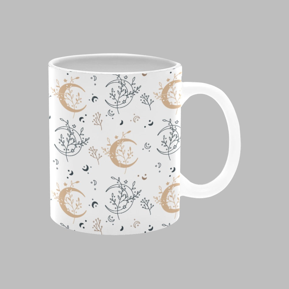 Moon Floral Leaves Print Wrap Drinkware White 11oz Ceramic Cup Mug