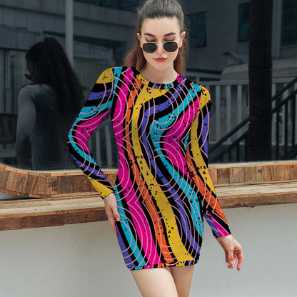 Women's Abstract Stripe Circle All Over Print Short Mini Bodycon Long Sleeve Skinny Fashion Summer Dress - 4 colours available