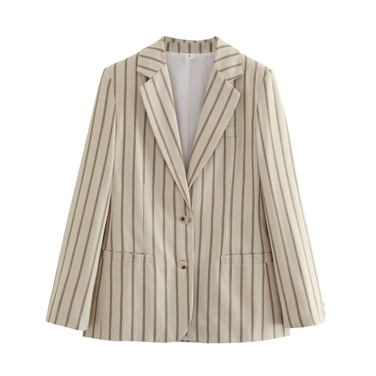 Women's Beige Brown Striped Single Breasted Blazer Jacket