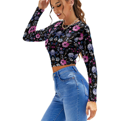 Women's Floral Print Backless Long Sleeve Short Top