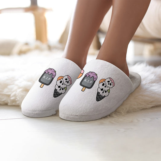 Women's Pumpkin Ghost Ice-Cream Print Flannel Slippers Soft Comfortable Indoor Home Shoes Halloween Season White