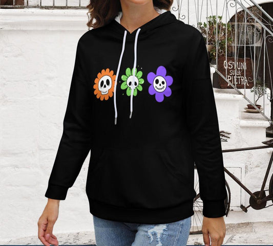 Women's Skeleton Halloween Dropped Shoulder Hoodie Black Long Sleeve Drawstring Front Pocket Hooded Sweater