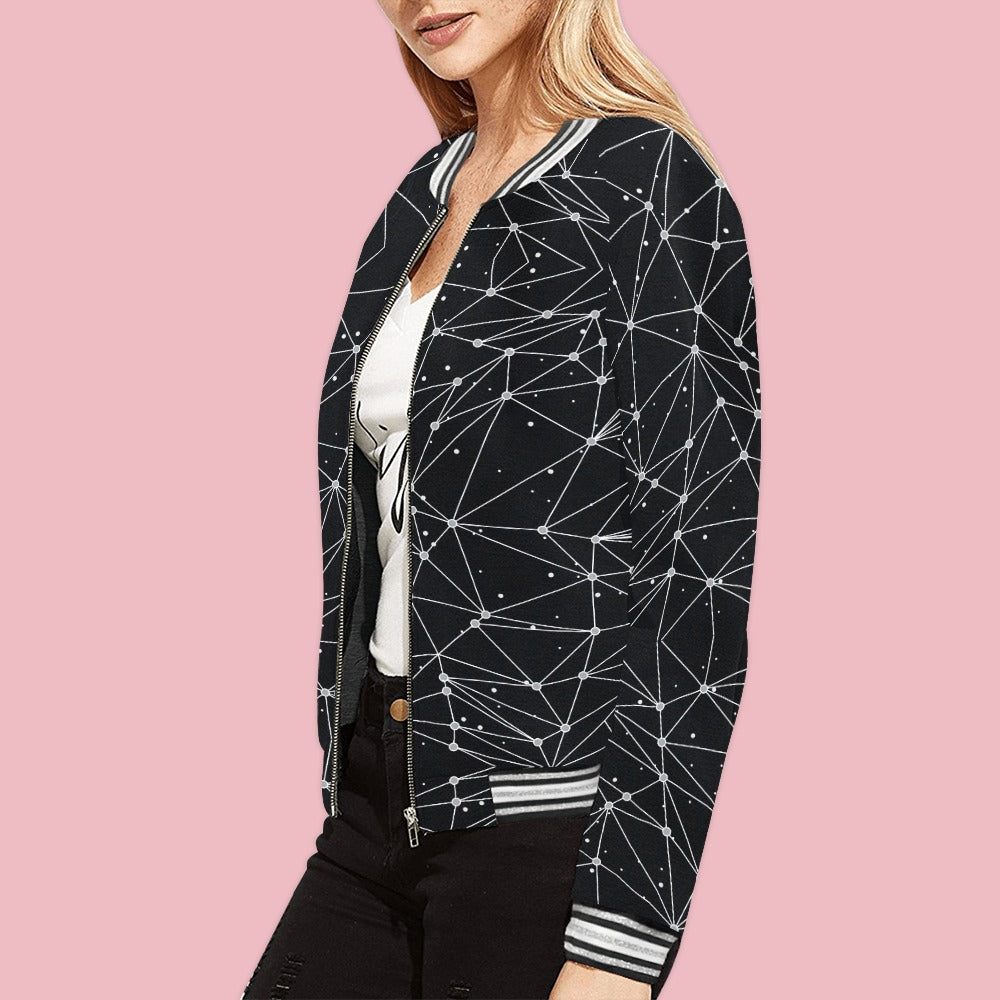 Women's Geometric Geo Print Horizontal Stripe Hem Zip-up Long Sleeve Casual Bomber Style Fashion Jacket