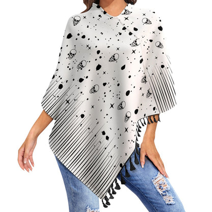 Women's Skull Print Cape With Fringed Edge One Size Pullover Outwear Fashion Halloween Season Must Have!