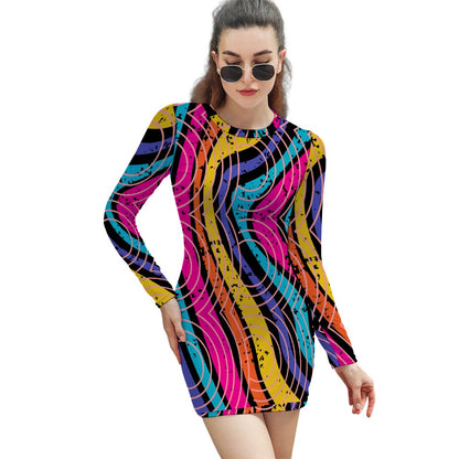 Women's Abstract Stripe Circle All Over Print Short Mini Bodycon Long Sleeve Skinny Fashion Summer Dress - 4 colours available