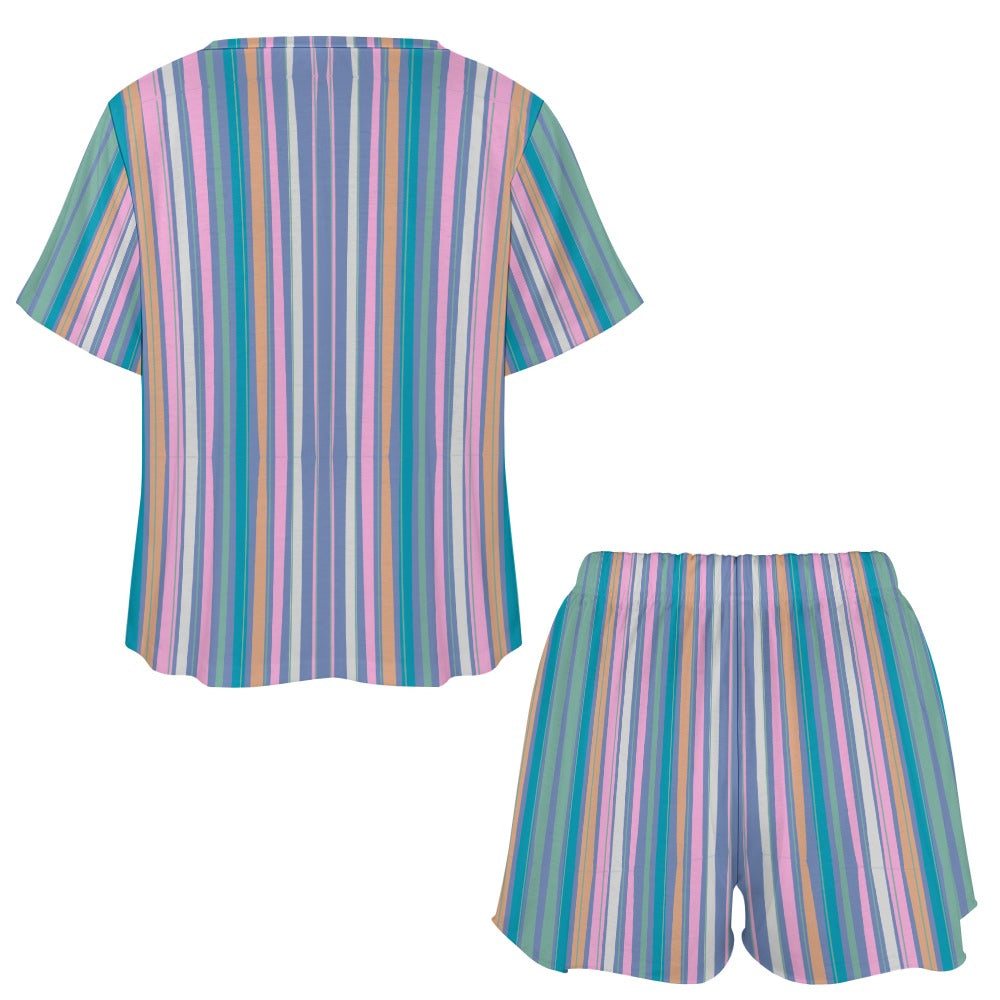 Plus Size Women's Striped Print 2pc Pyjamas Set Short Sleeve Top T-shirt and Drawstring Elastic Waist Shorts Bottoms Casual Loungewear Sleepwear