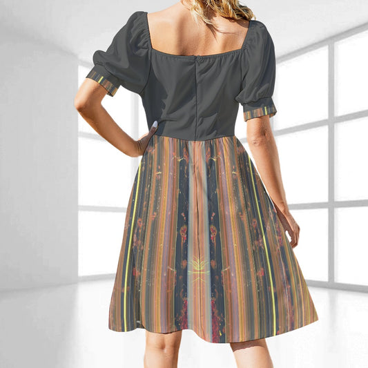 Women's Stripe Print Sweetheart Neck Fitted Midi Dress
