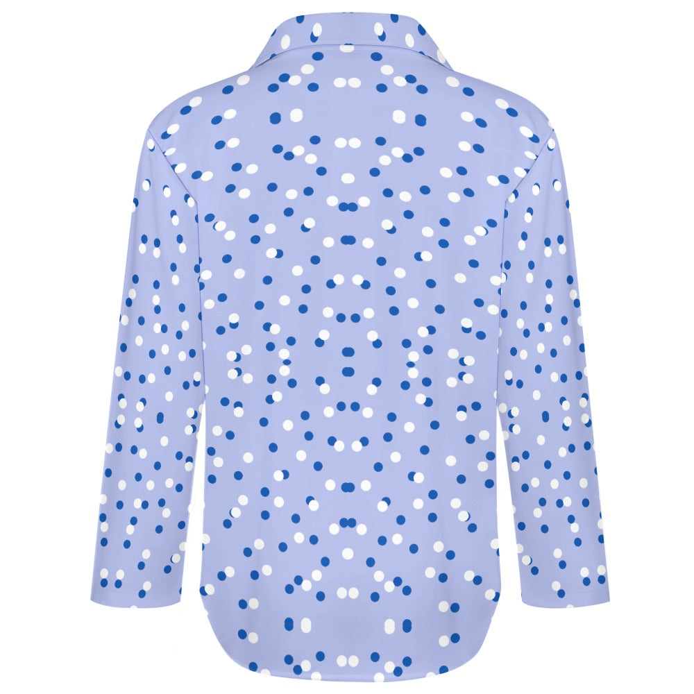 Women's Spot Dot Print Front Button Long Sleeve Collar Shirt Blouse Top Soft Comfortable Casual Fashion Blue