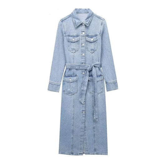 Women's Denim Shirt Dress Midi Long Sleeve Button Front Belt Tie Waist