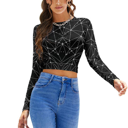 Women's Black Geometric Print Backless Long Sleeve Short Top